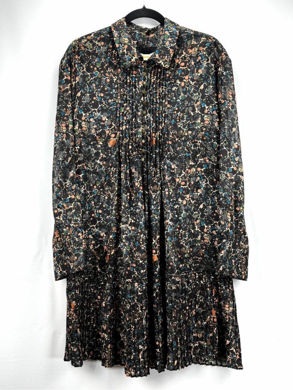 Anthro Black Abstract Marble Print Pleated Long Sleeve Drop Waist Shirt Dress